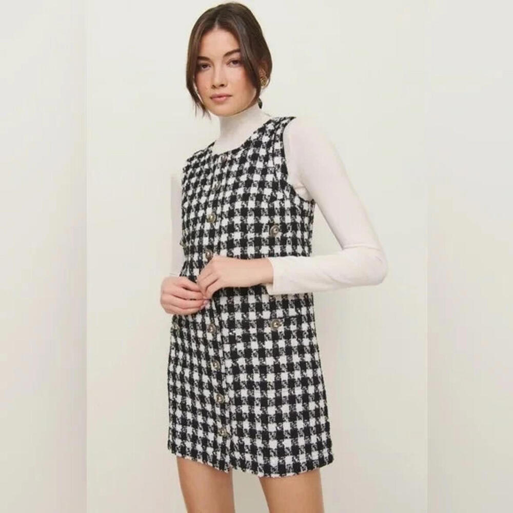 NEW, Reformation Tropez Tweed Shift Dress Black Check Size 10 #MD1357 - Picture 7 of 8
